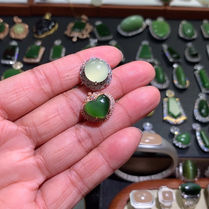 和田玉戒指银S925镶嵌小*菜