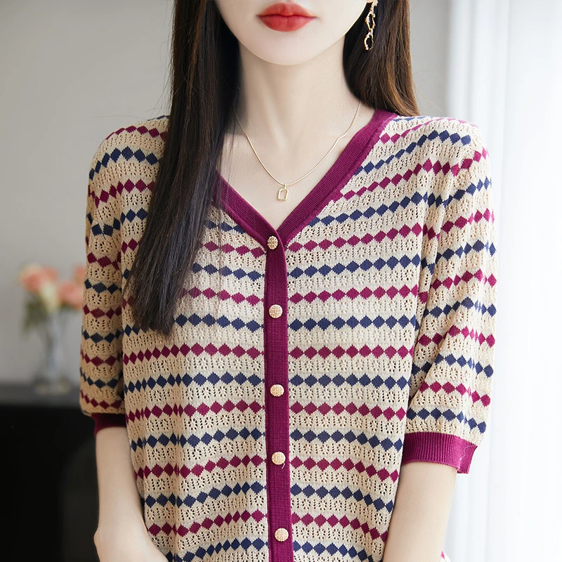 V领天丝短袖开衫T恤女夏季新款撞色条纹冰丝针织外搭