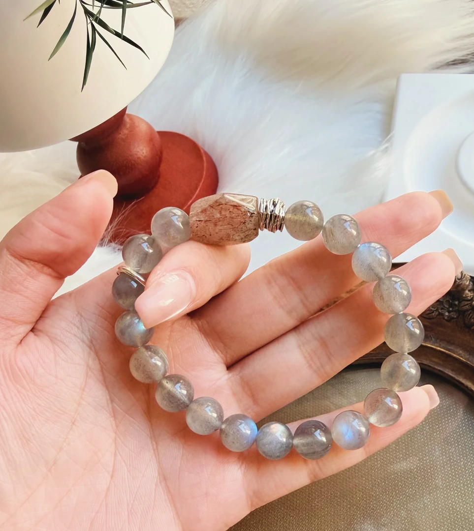 天然灰月光水晶手串 黑金超七 能量水晶