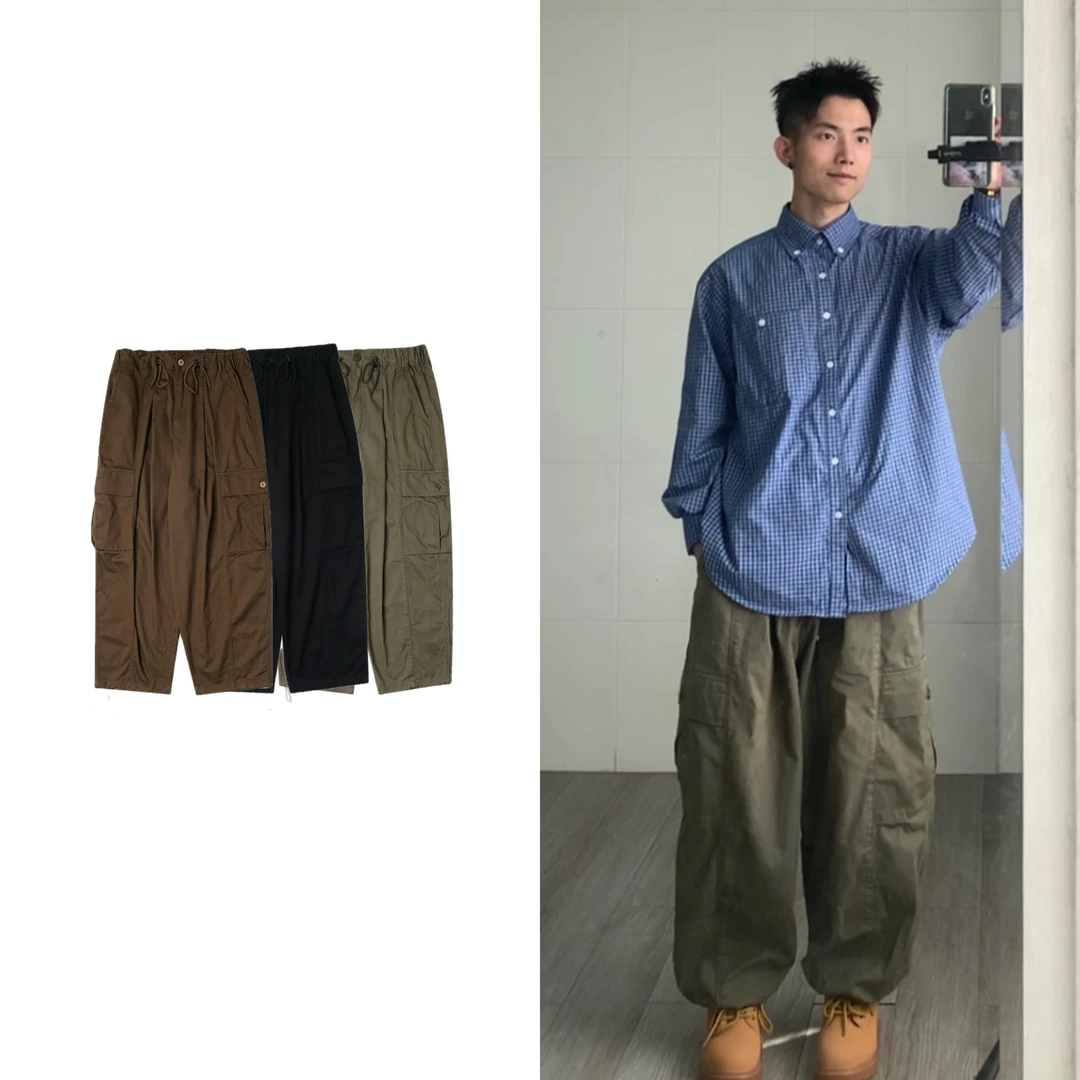 黑子舞想新款灯笼多袋缩脚休闲裤复古百搭宽松直筒日系工装裤抽绳