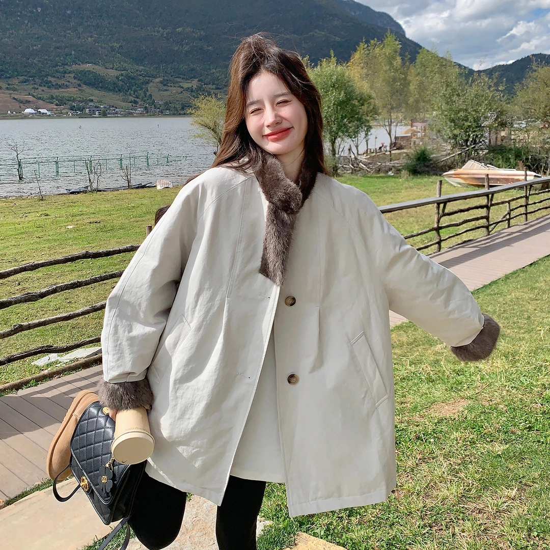 毛领羽绒内胆派克服女2025冬新款中长款加厚保暖白鸭绒羽绒服外套