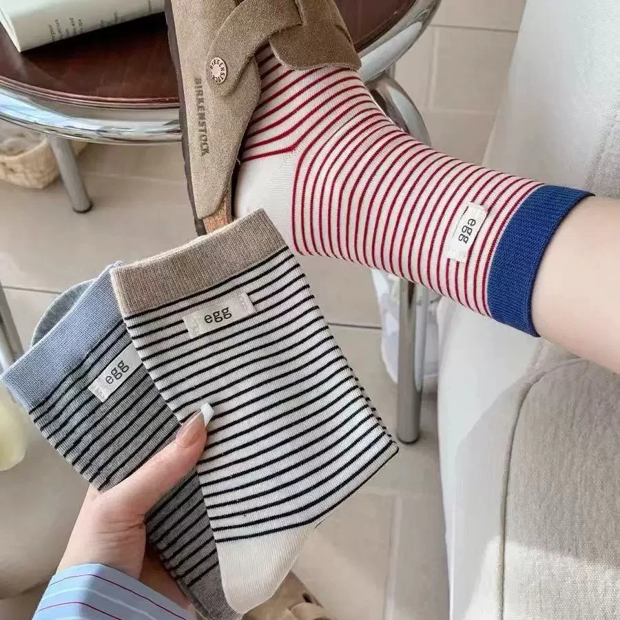 袜子新款细条纹egg字母布标韩版中筒袜子女秋季百搭时袜女冬季