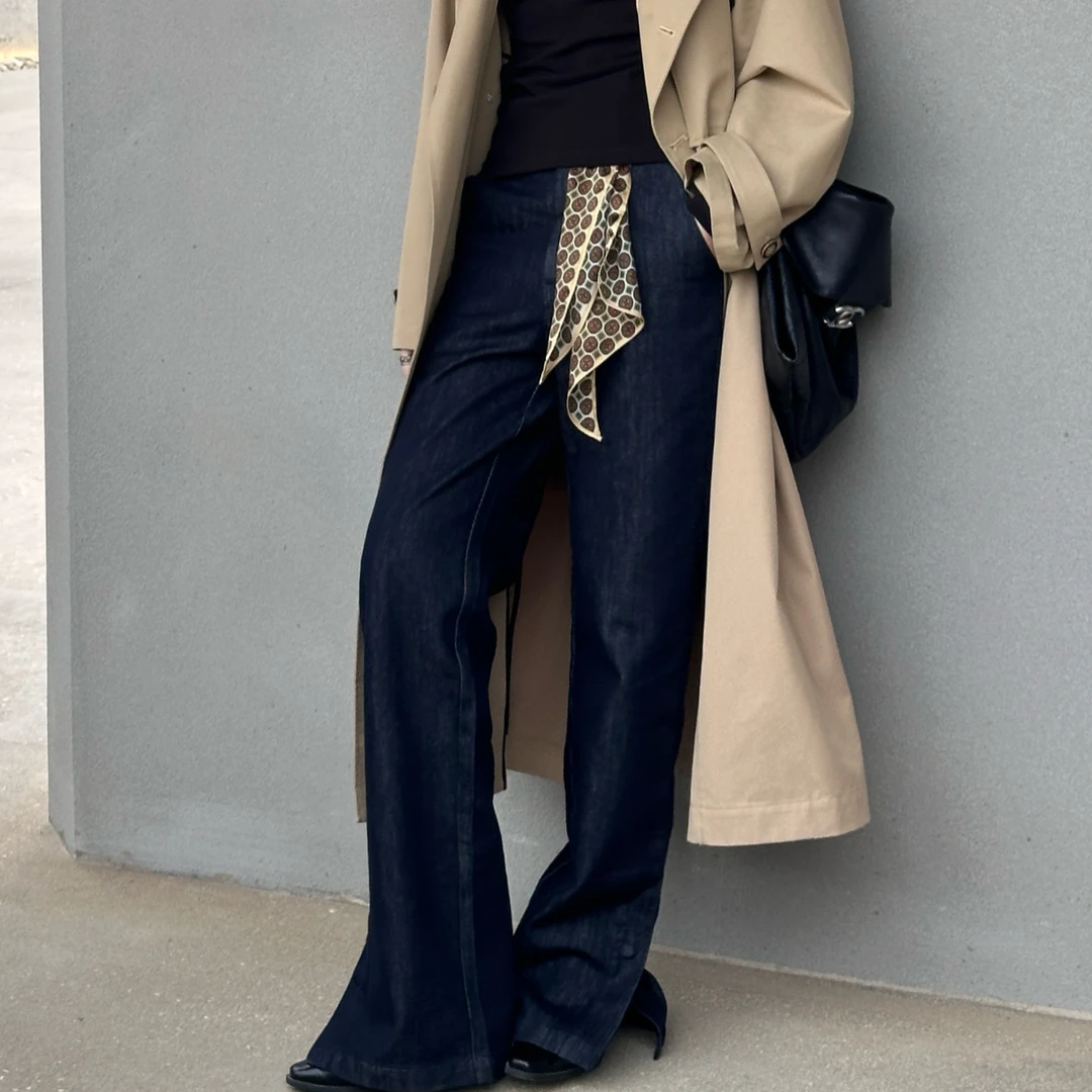 【雅宁YN】通勤高街深蓝开叉直筒长裤