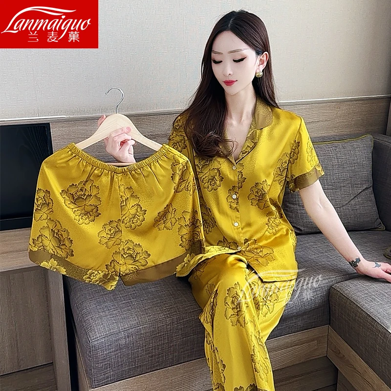 兰麦菓【三件套】2025春夏季新款睡衣女士套装短袖国风家居服可外穿