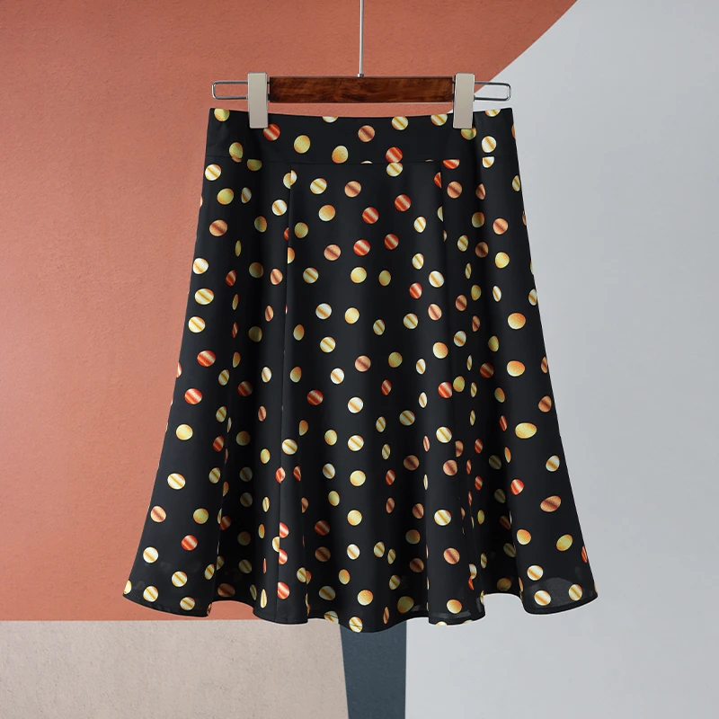 中长款波点半身裙女夏季2025新款高腰显瘦遮肉雪纺印花伞裙大摆裙