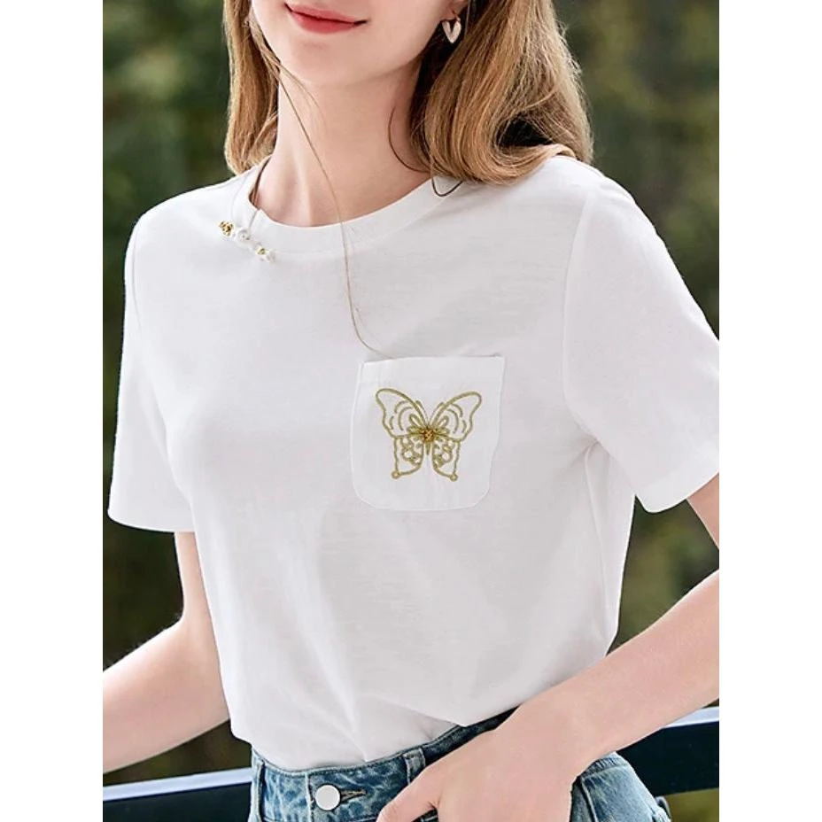 S24058  新款夏季蝴蝶刺绣短袖T恤