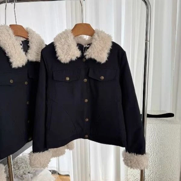 小众棉服秋冬新款修身藏蓝色短款外衣夹棉毛领拼接夹克上衣外套女