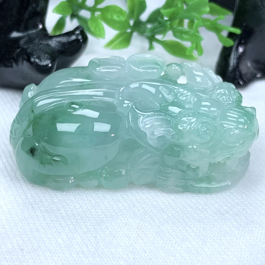 天然缅甸翡翠A货飘花阴阳眼脚口含珠金钱貔貅吊坠41−22.8−12.6mm