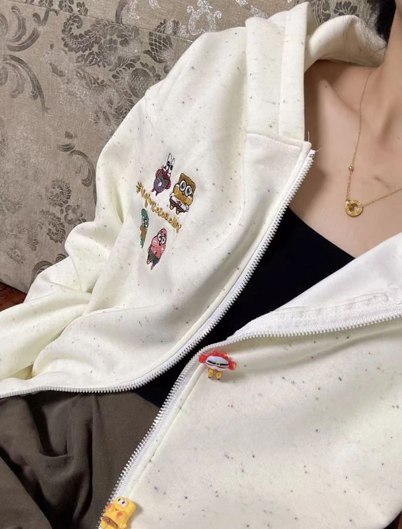 【海绵宝宝】常规开衫中长款女白色百搭卫衣连帽提花可爱风刺绣