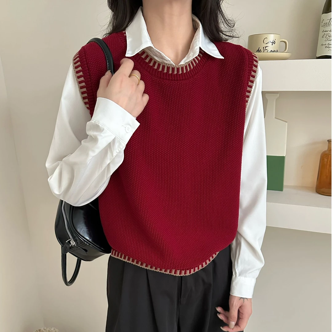 100%棉线复古针织马夹圆领拼色女士休闲百搭宽松无袖马甲
