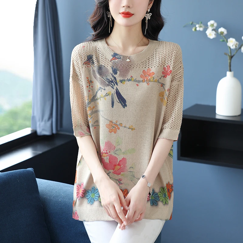 夏装冰丝T恤时尚女加肥加大码宽松遮肚针织上衣印花短袖洋气小衫