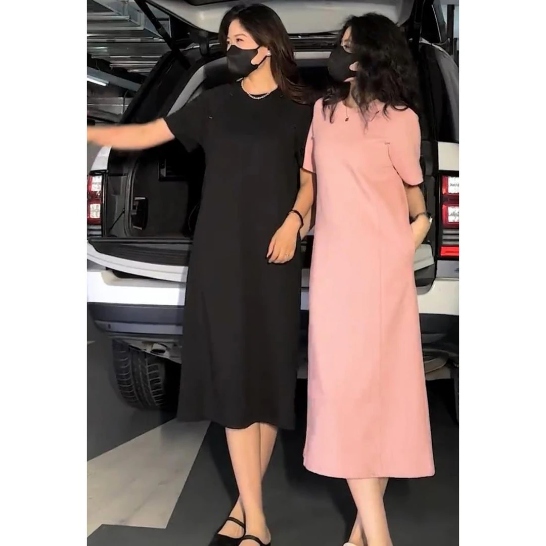 高端气质圆领纯色短袖恤裙女夏休闲慵懒大码空气直筒连衣长裙