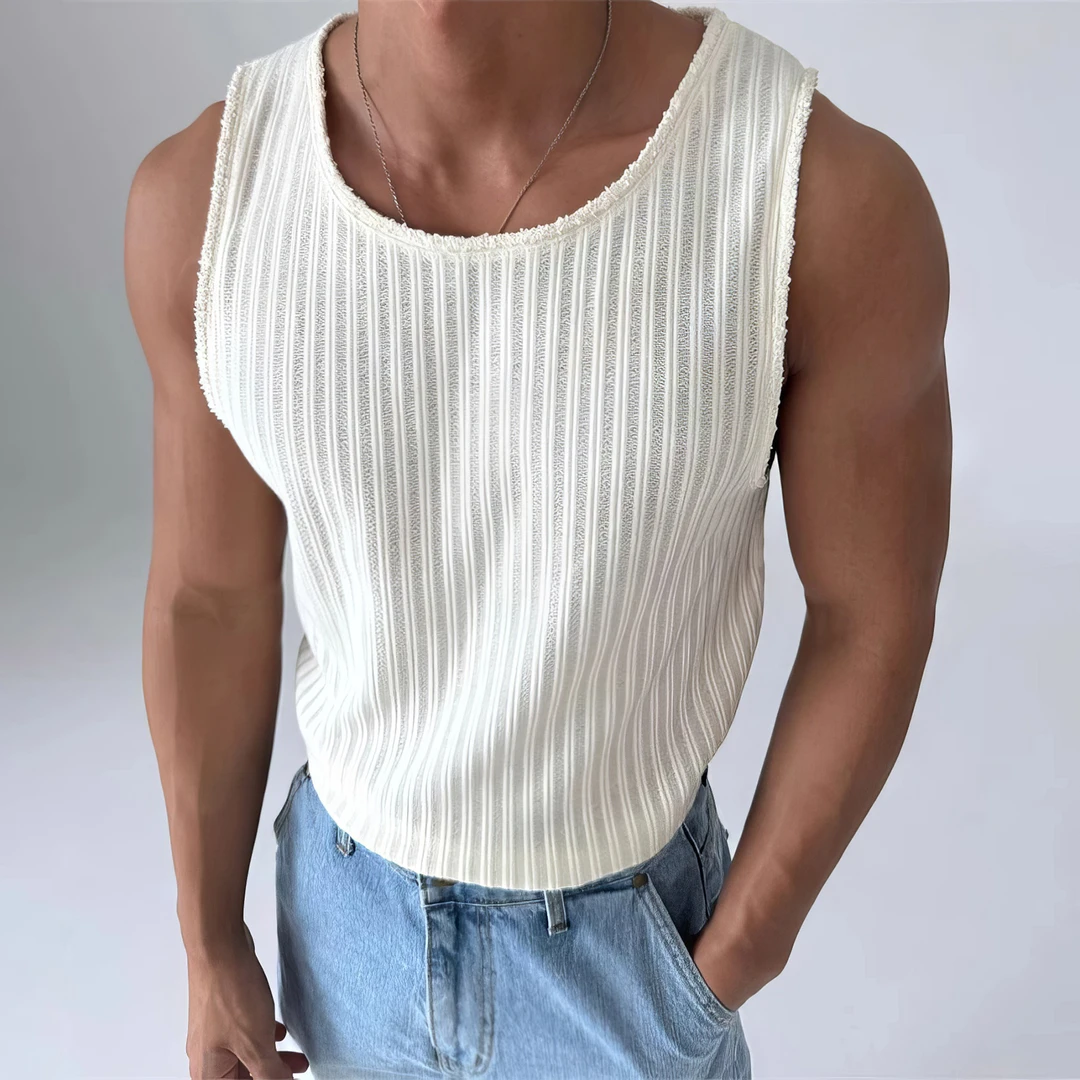 白色毛边休闲针织无袖T恤男美式复古坑条纹理感肌理坎肩汗背心潮