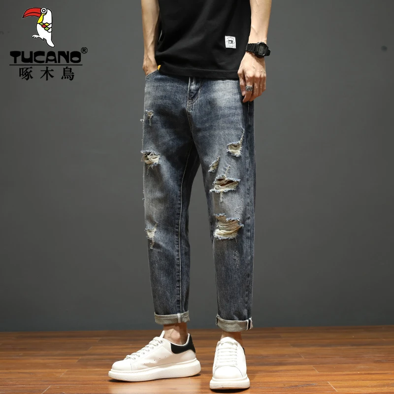 啄木鸟潮牌破洞牛仔裤子男款秋季美式复古宽松直筒男士休闲哈伦裤