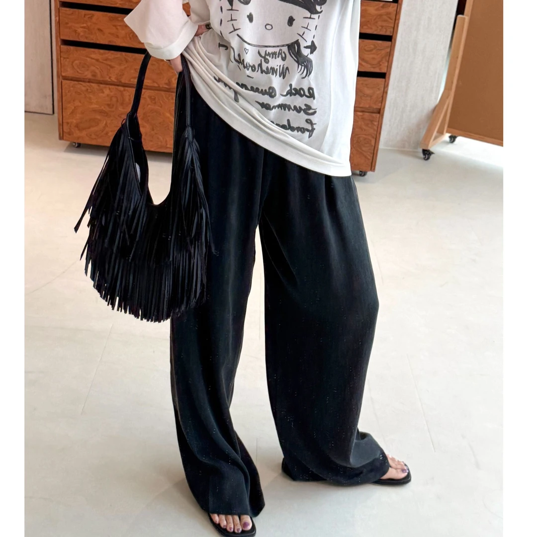 MIMBLANCHE垂坠感松紧腰抽绳阔腿长裤松弛慵懒休闲裤女