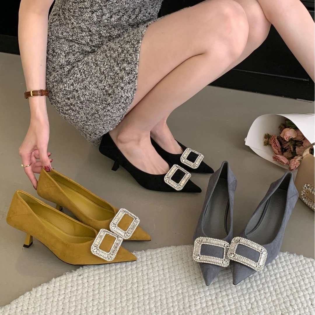 小众法式绒面3cm高跟鞋2025女外穿气质尖头单鞋低跟高跟鞋百搭