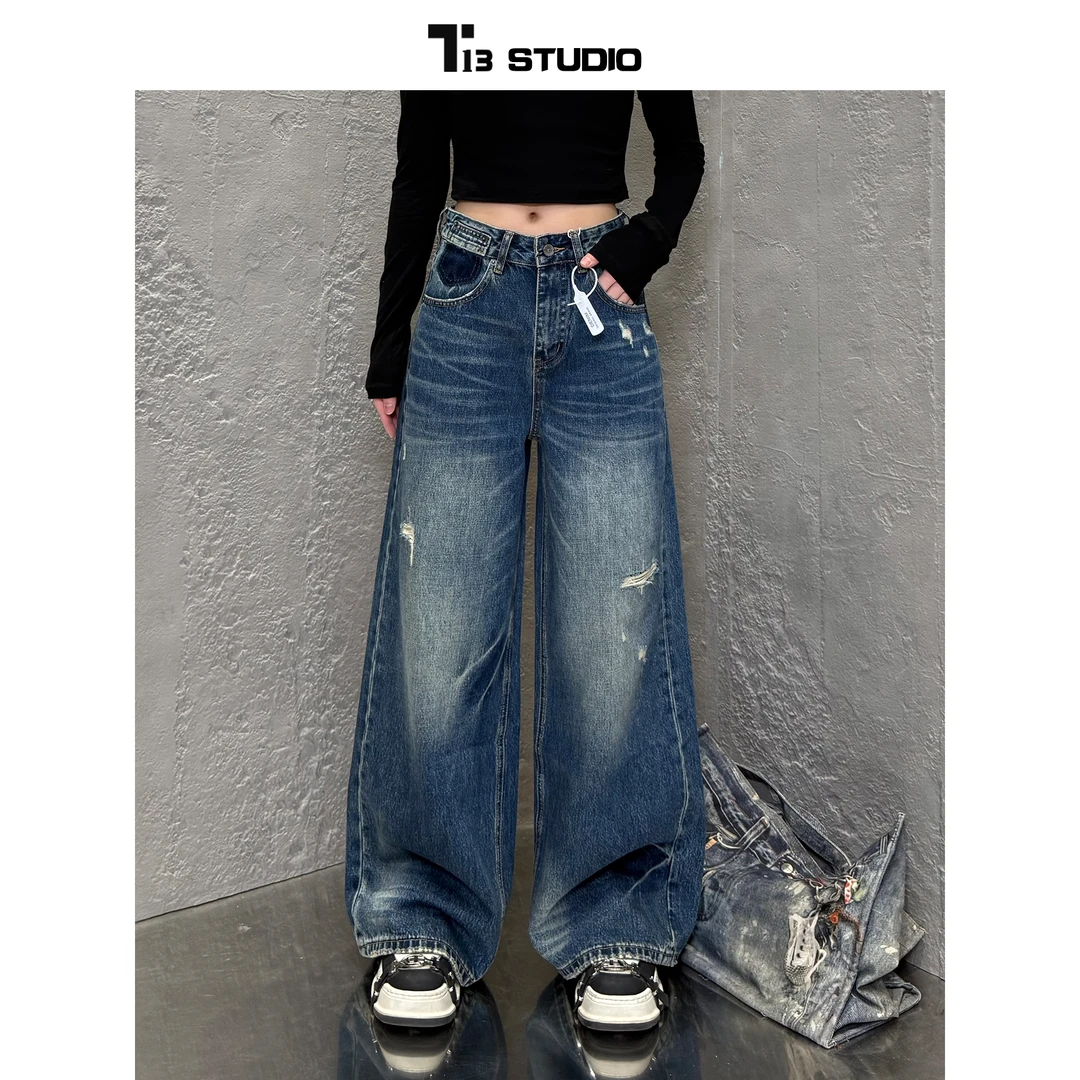 T13妮妮【CPO3205】新款高腰直筒阔腿A字版型牛仔裤女款
