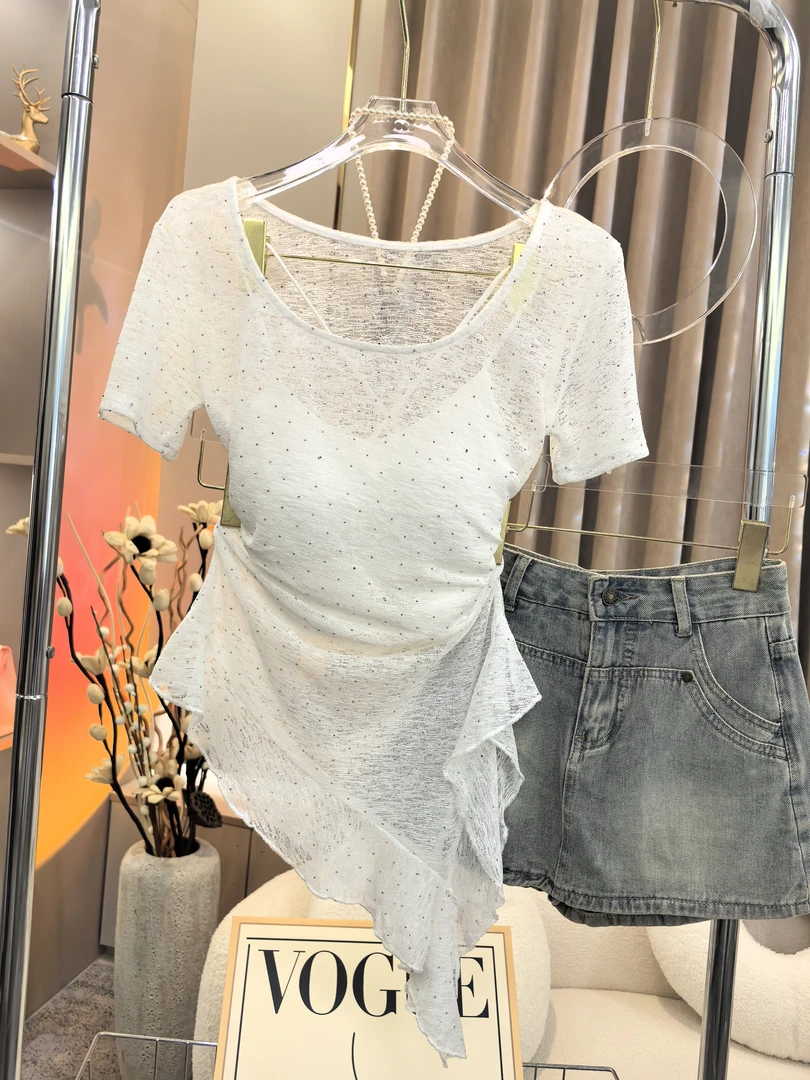 【A9943美人】2025夏修身显瘦百搭防晒短袖纯欲上衣+吊带两件套