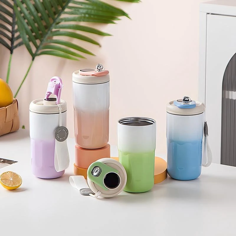 高颜值只能显温咖啡杯带提绳办公杯316不锈钢保温杯