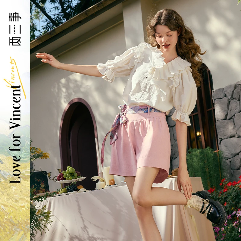 两三事梵高文艺蔷薇信羽 百搭印花腰带休闲裤S25CKZ474