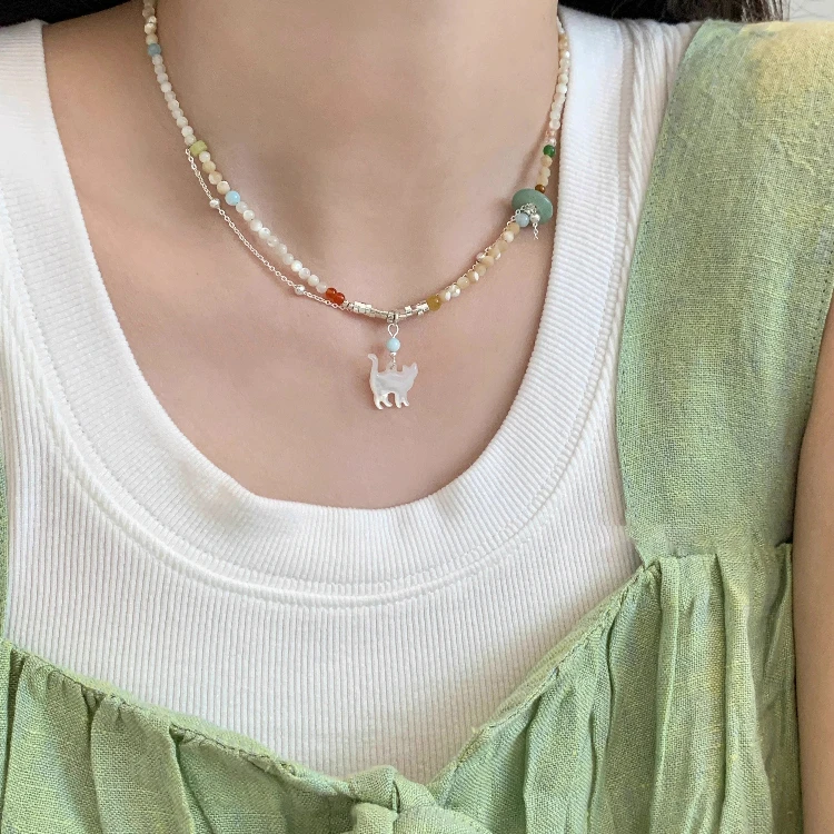合金项链 多巴胺双层彩色串珠项链女轻奢小众颈链高级感锁骨链
