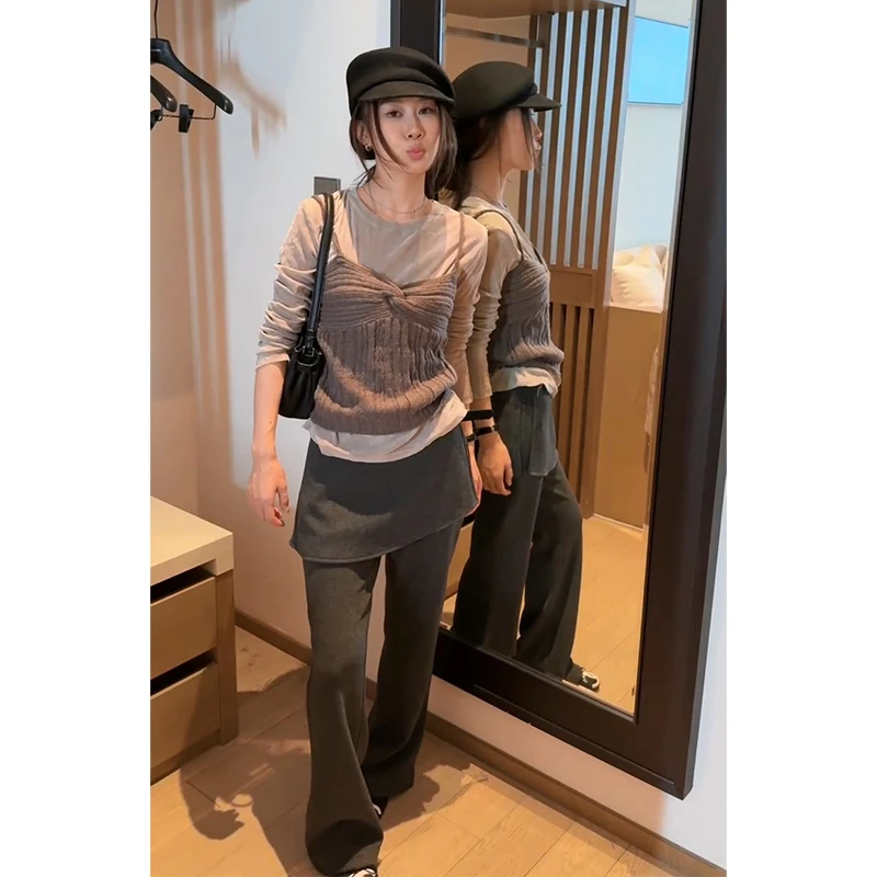 2025秋冬新款女韩系穿搭圆领长袖上衣毛衣吊带背心设计感高腰长裤