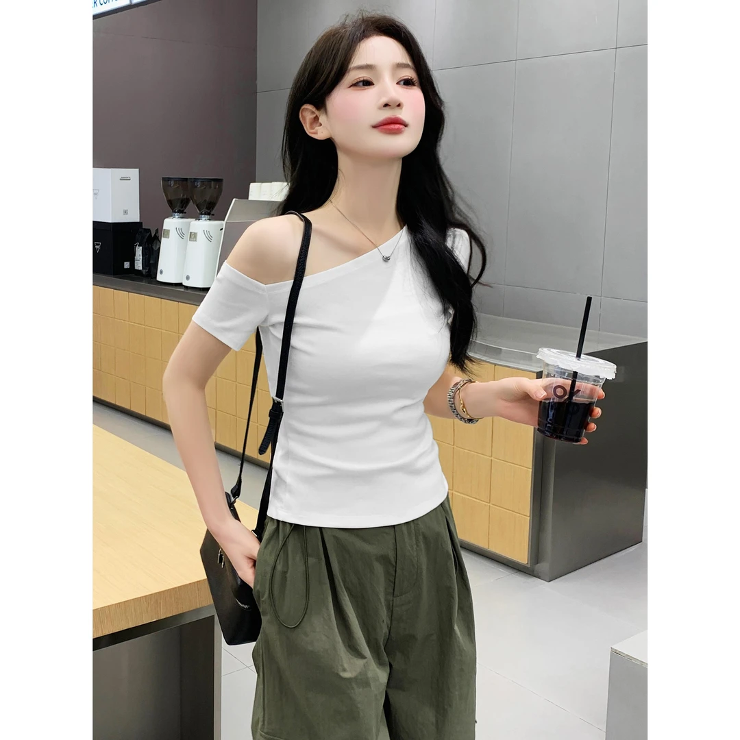纯欲风性感甜辣一字肩短袖t恤女夏季小众设计感修身收腰露肩上衣