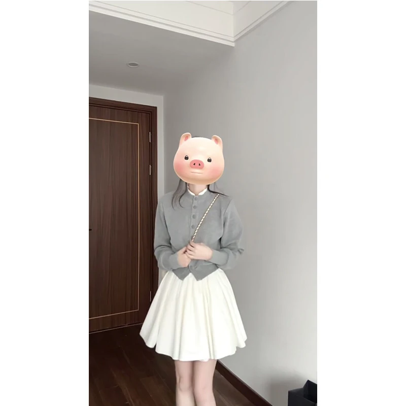 韩系灰色假两件立领针织开衫女秋冬新款外穿毛衣外套短裙两件套装