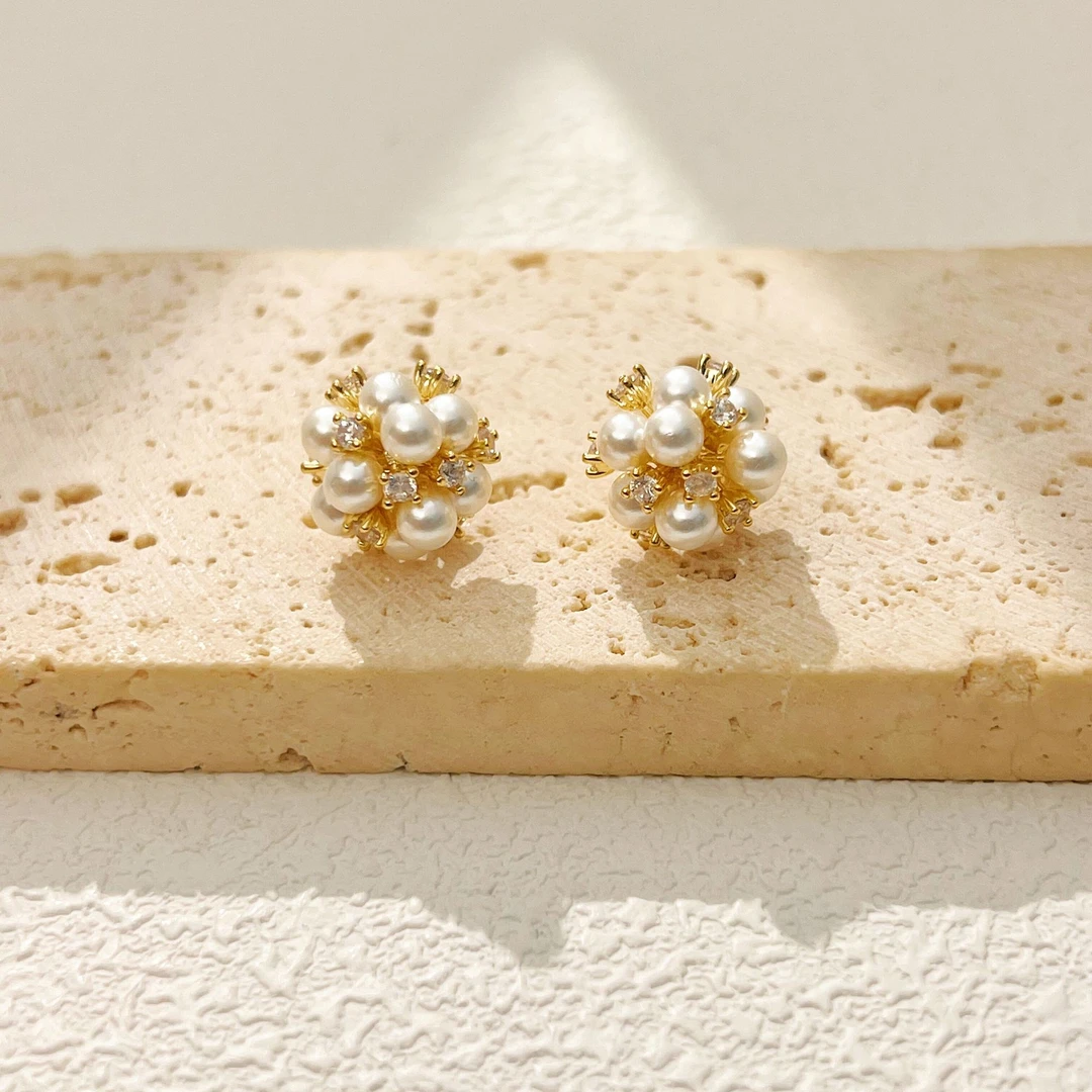 铜合金合成锆石耳饰 时尚百搭爆米花珠珠耳环