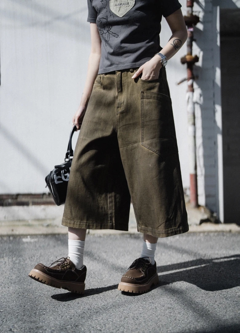 【刘噗噗】泡菜小姐！废土风 做旧牛仔七分裤