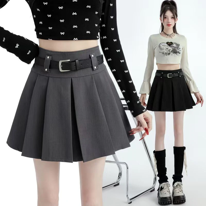 【送腰带】小个子高腰百褶裙女春夏新款时尚百搭黑色显瘦A字半身裙