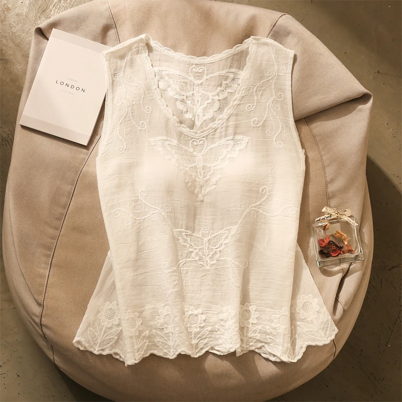 洋气简约刺绣蝴蝶背心女夏季新款修身减龄内搭小个子薄款无袖上衣