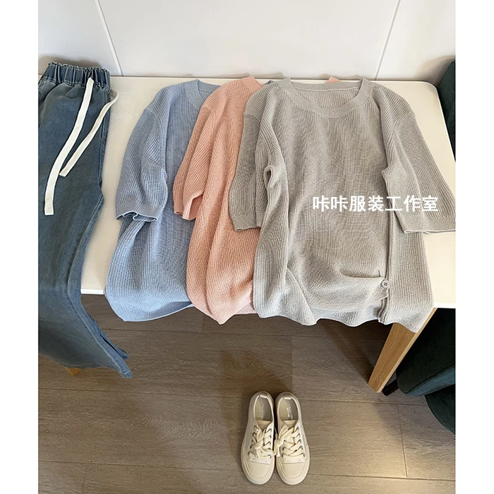 REKAYYAT"爱意“莱塞尔天丝亚麻休闲百搭极简风纯色圆领短袖针织衫