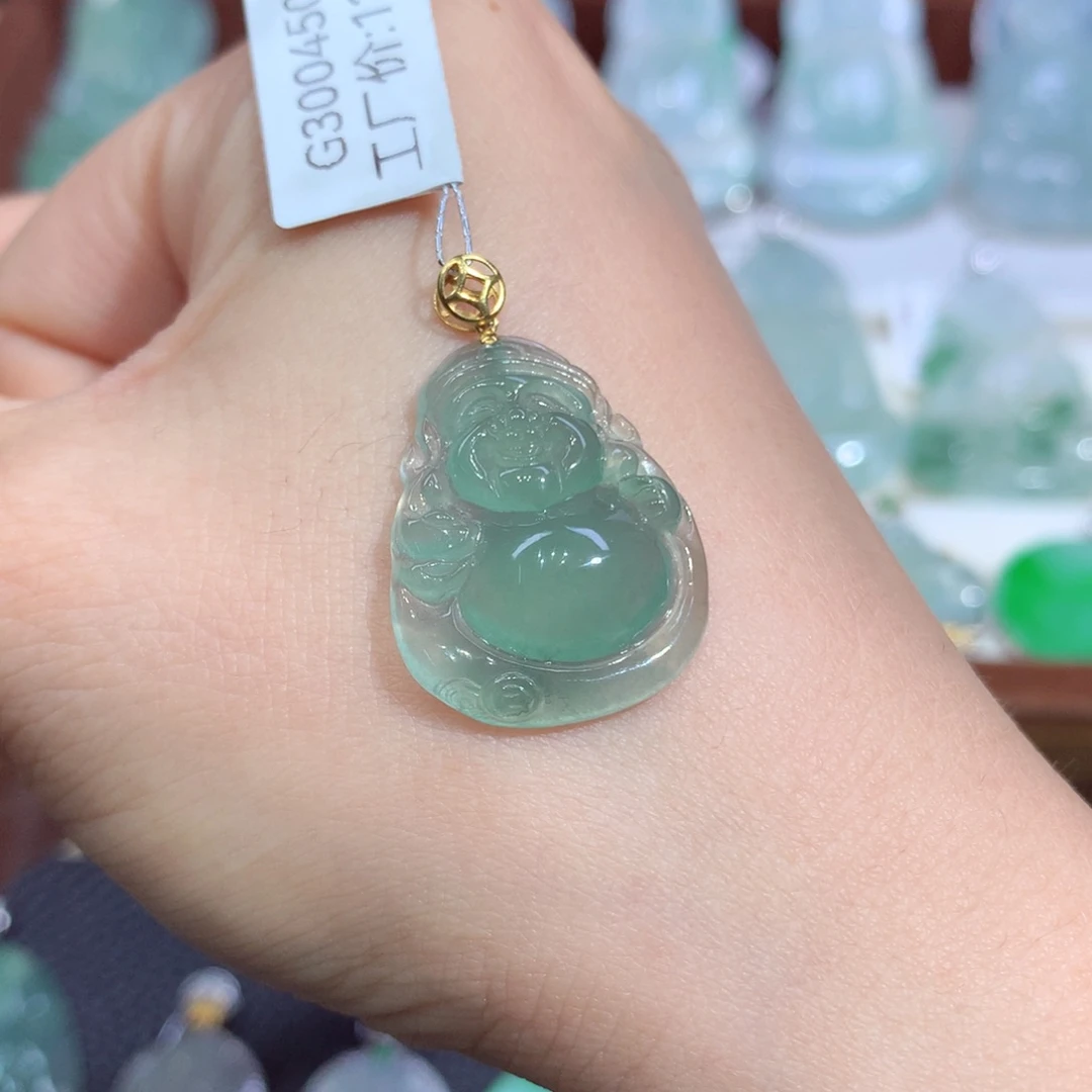 吊坠(不含链)18K金镶嵌翡翠天然缅甸A货翡翠揭阳工财神爷