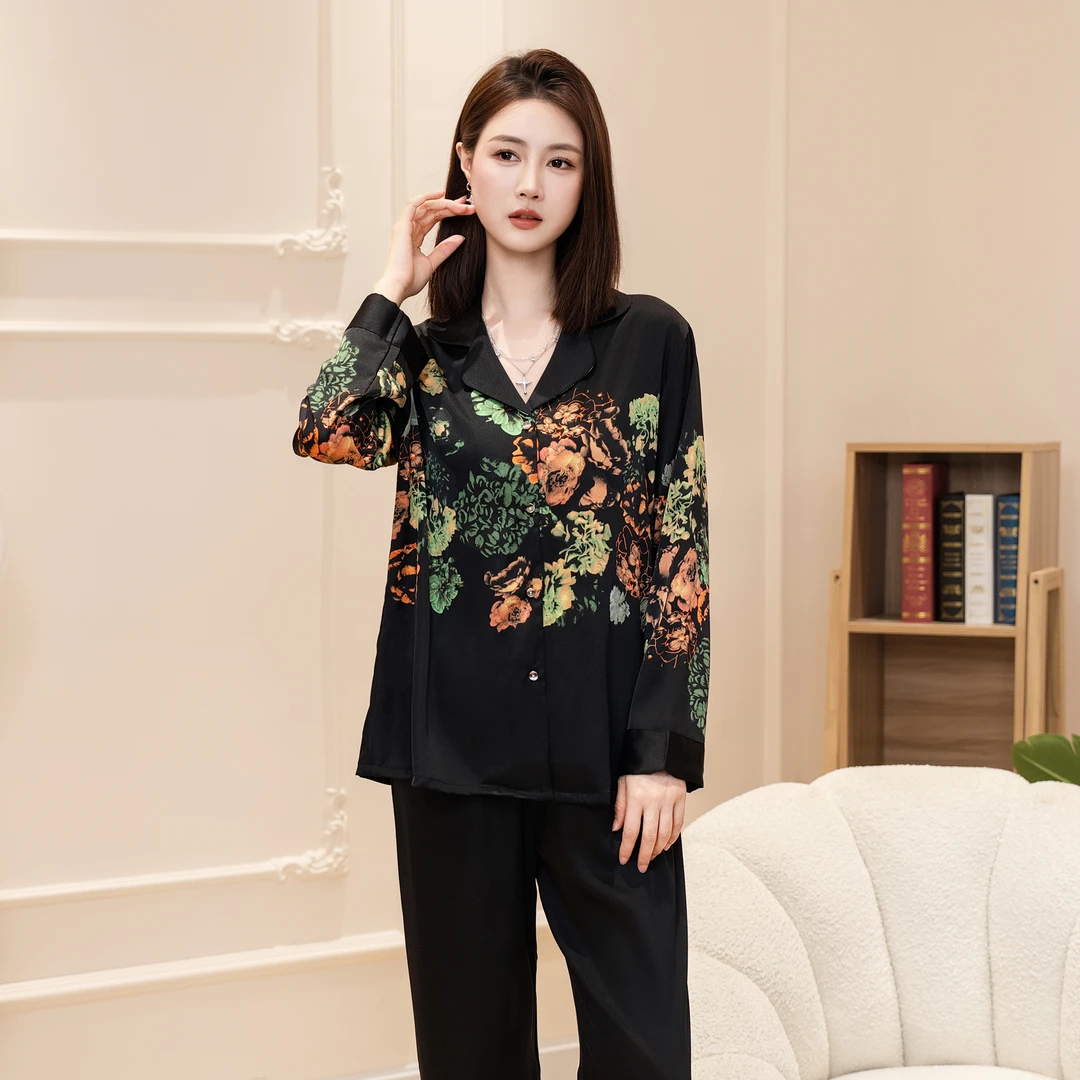 DAVINCIART秋季新款时尚国潮印百花齐放情侣款长袖长裤家居服套装