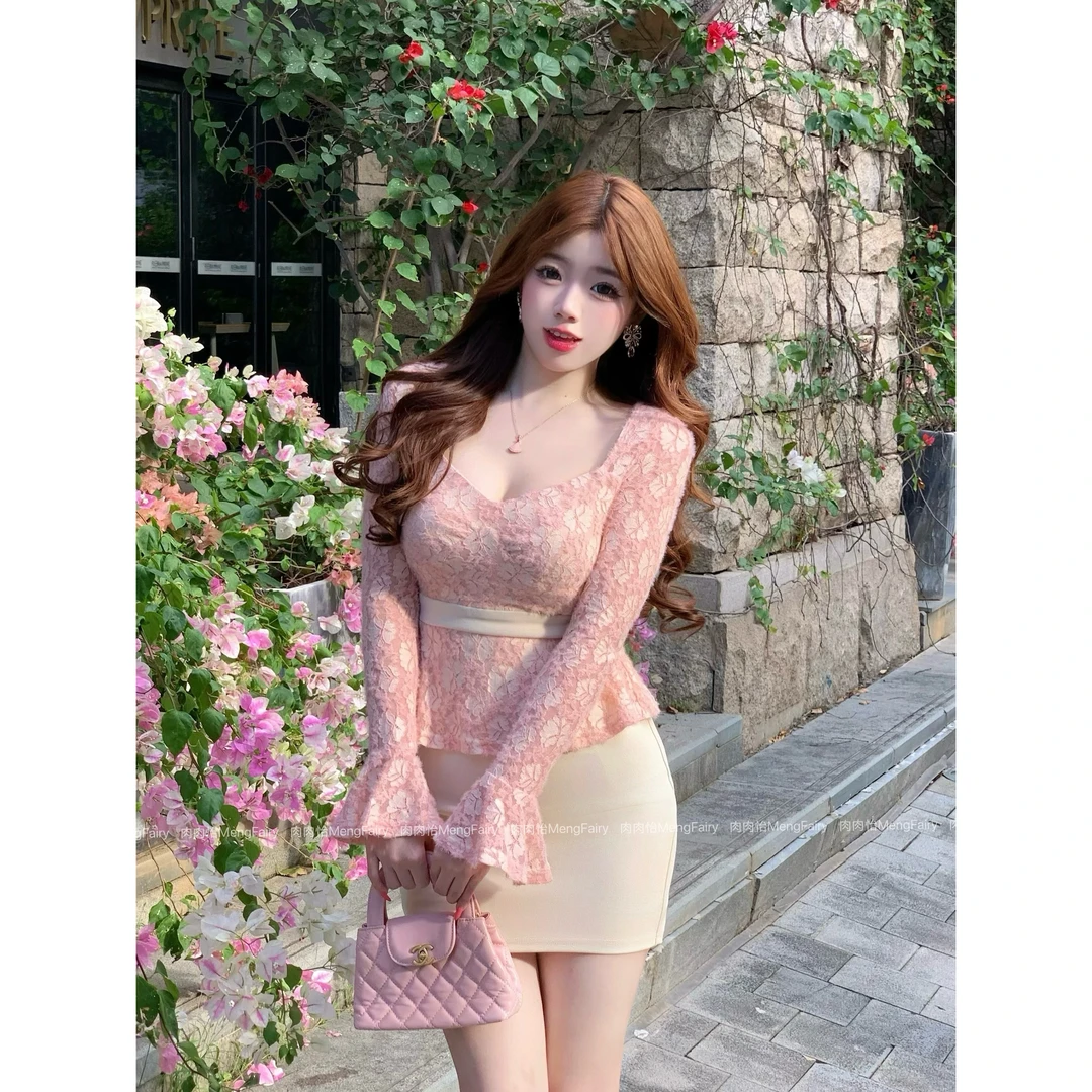 萌面侠肉肉怡【玉色美人】气质温润蕾丝假两件修身包臀连衣裙7081