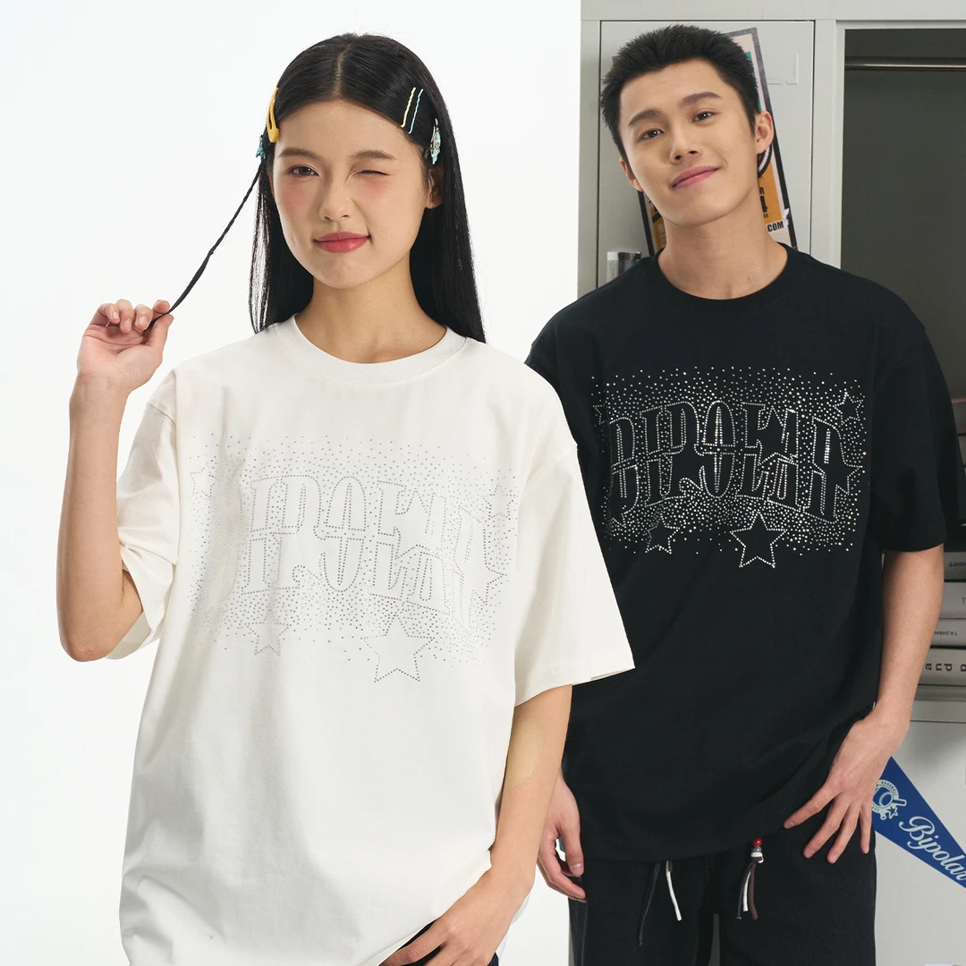 BIPOLAR星星烫钻美式国潮复古圆领宽松男女情侣短袖T恤11S107