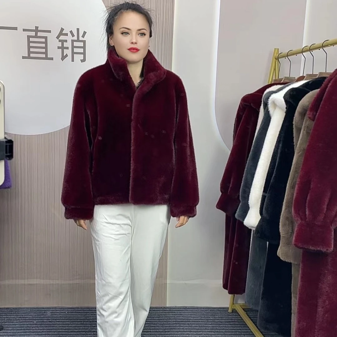 新款轻奢时尚皮毛一体外套女春季立领加厚环保毛毛外套短款潮牌