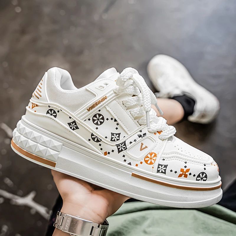 2025年秋季新款男鞋时尚印花休闲板鞋厚底增高百搭舒适运动老爹鞋