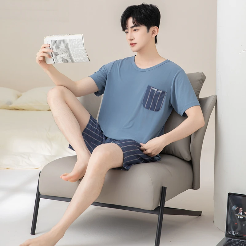 男士青年休闲睡衣夏季短袖短裤夏天薄款冰丝春夏可外穿家居服套装