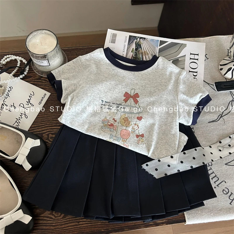 韩版童装2025新款夏季女童短袖T恤洋气半裙两件套小童印花