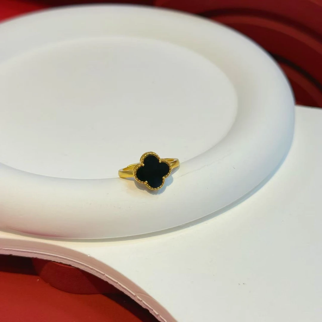 S925银镶嵌10mm塔青四叶草戒指HNZ11358