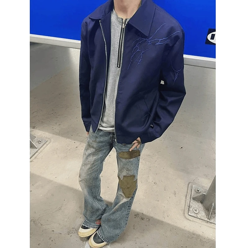 美式短款闪电夹克男款秋季穿搭棒球服翻领高街藏青色cleanfit外套