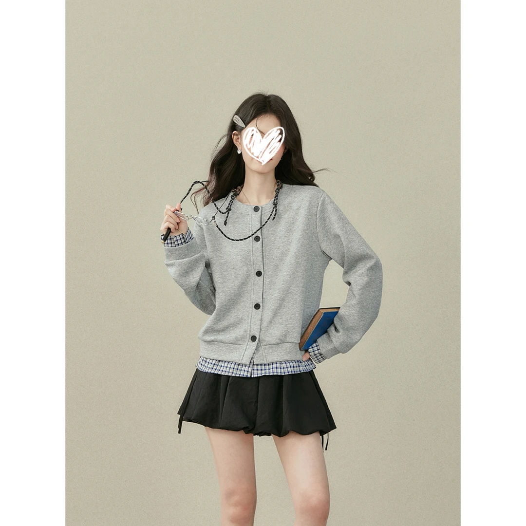 梦幻宝盒~秋季新款灰色假两件格子开衫卫衣女长袖上衣Y3720