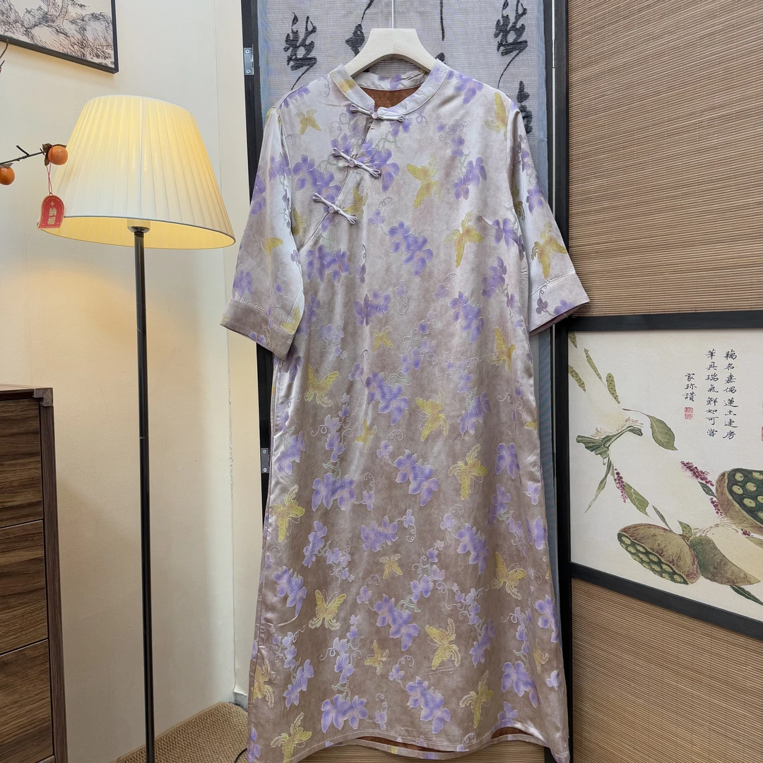 [黑茶]立领中国风荡领连衣裙短袖挂脖式A字裙长裙