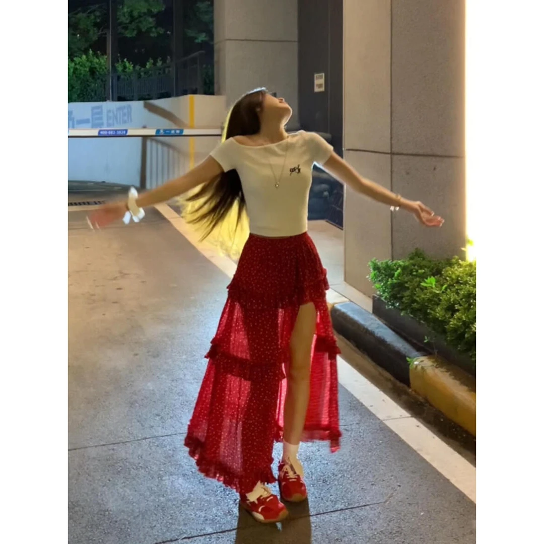 2025新款女士夏季甜辣风时尚洋气斜肩显瘦短袖T恤上衣高腰半身裙