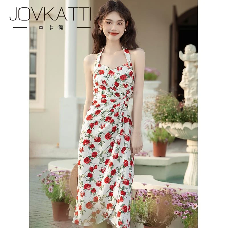 Jovkatti法式气质复古玫瑰花挂脖连衣裙女夏季2025新款冷淡系独特