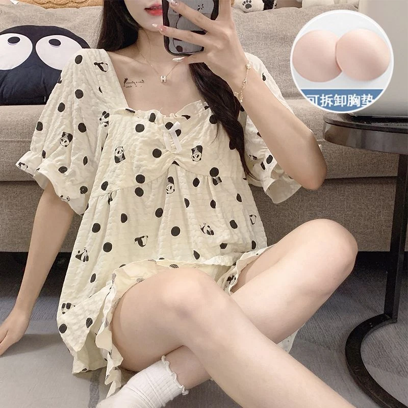 短袖圆点睡衣少女带胸垫家居服夏天薄款学生韩版云朵棉熊猫套装夏
