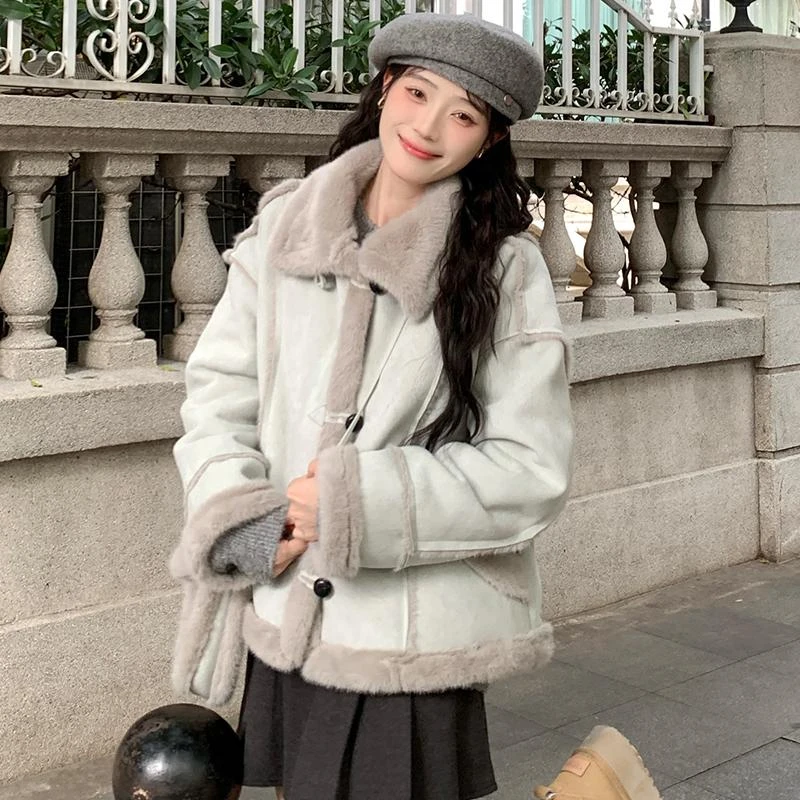 【现货 配包包 主推黄色】小个子皮毛一体外套气质宽松加绒加厚上衣