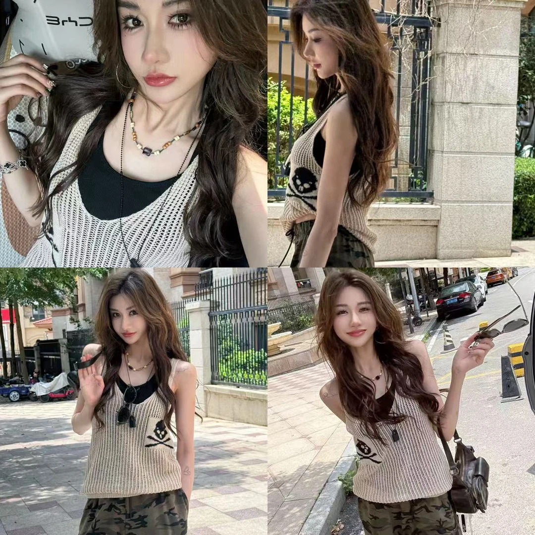 骷髅头刺绣针织吊带背心女夏季宽松镂空辣妹无袖小众上衣外穿